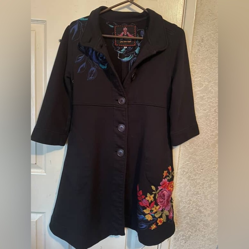 Johnny Was Military Trench Coat Jacket Black Embroidered SZ M